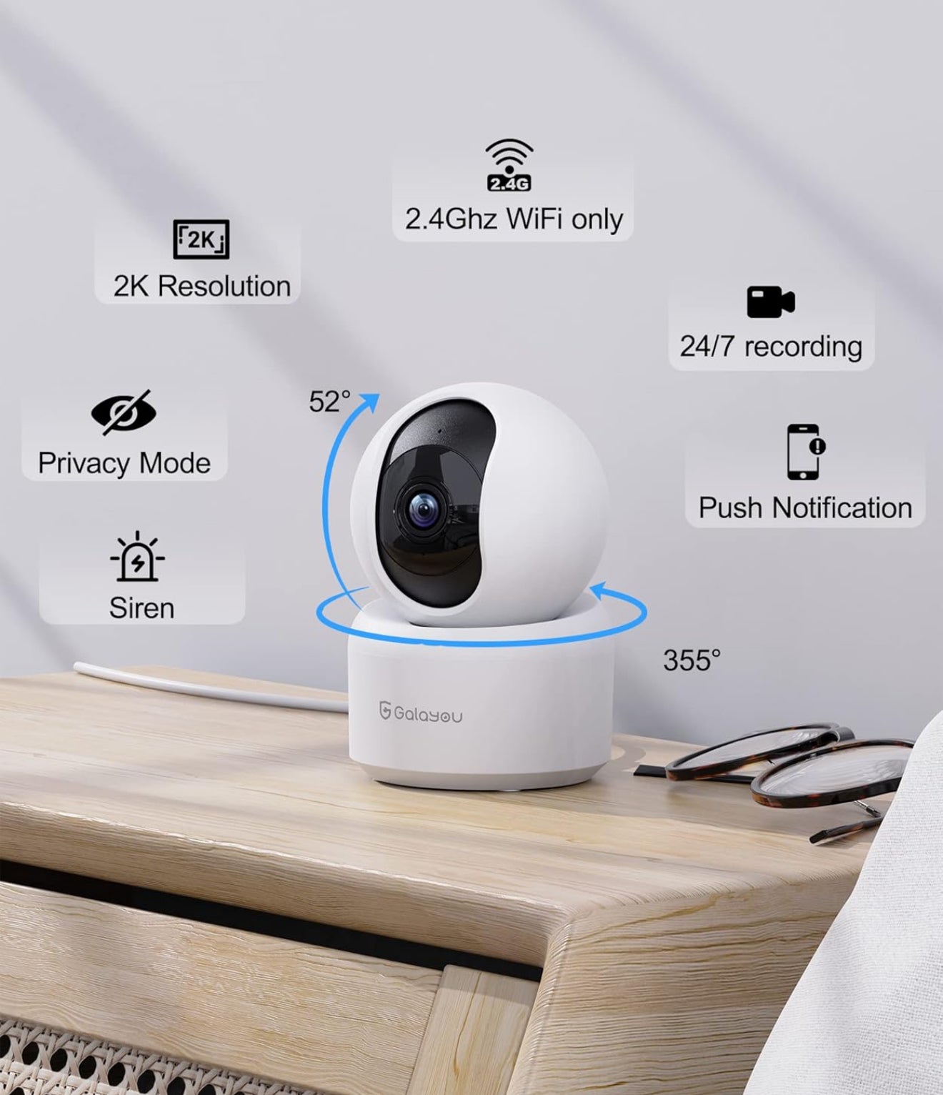 GALAYOU Indoor Security Camera 2K, Pet Camera, 360 Degree WiFi Home Security Camera